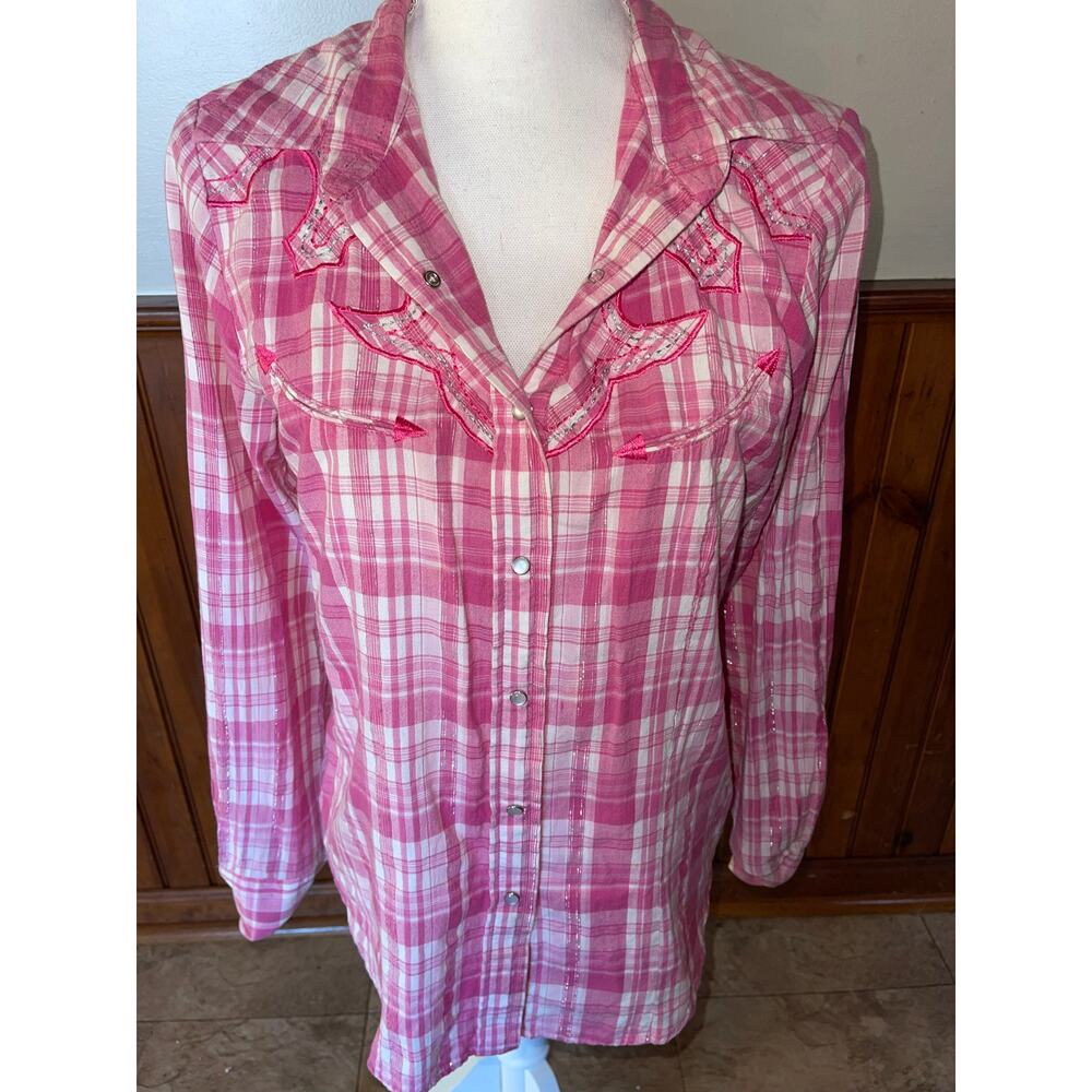 Womens Back in the Saddle Pink‎ White Long Sleeve Button Down Shirt Size M